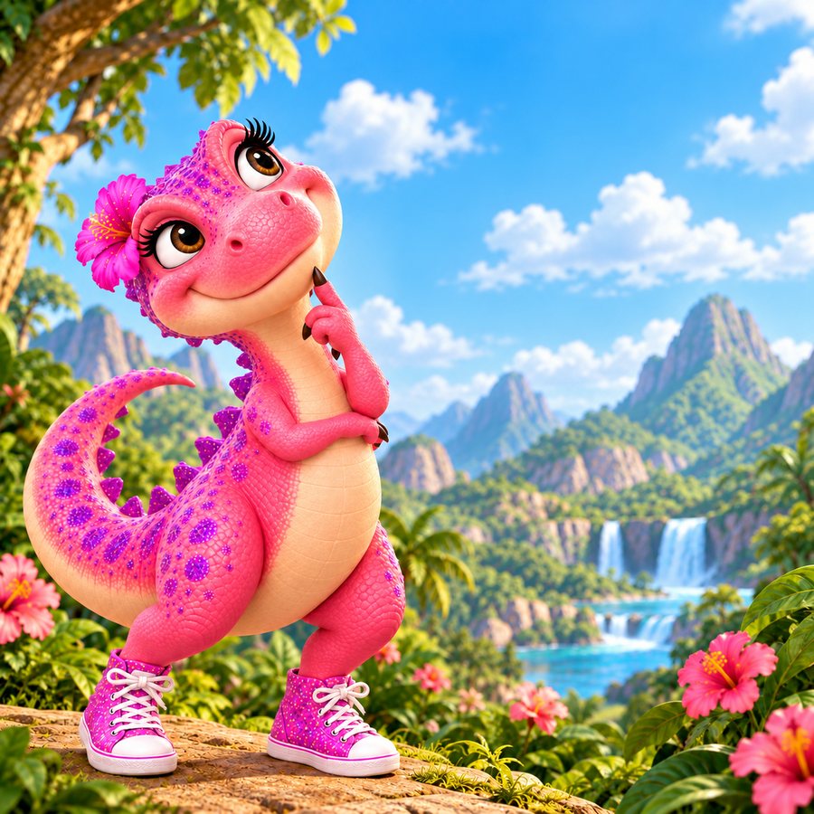Cassie the Dinosaur with a claw on her chin, thinking about a big question in Dino Valley