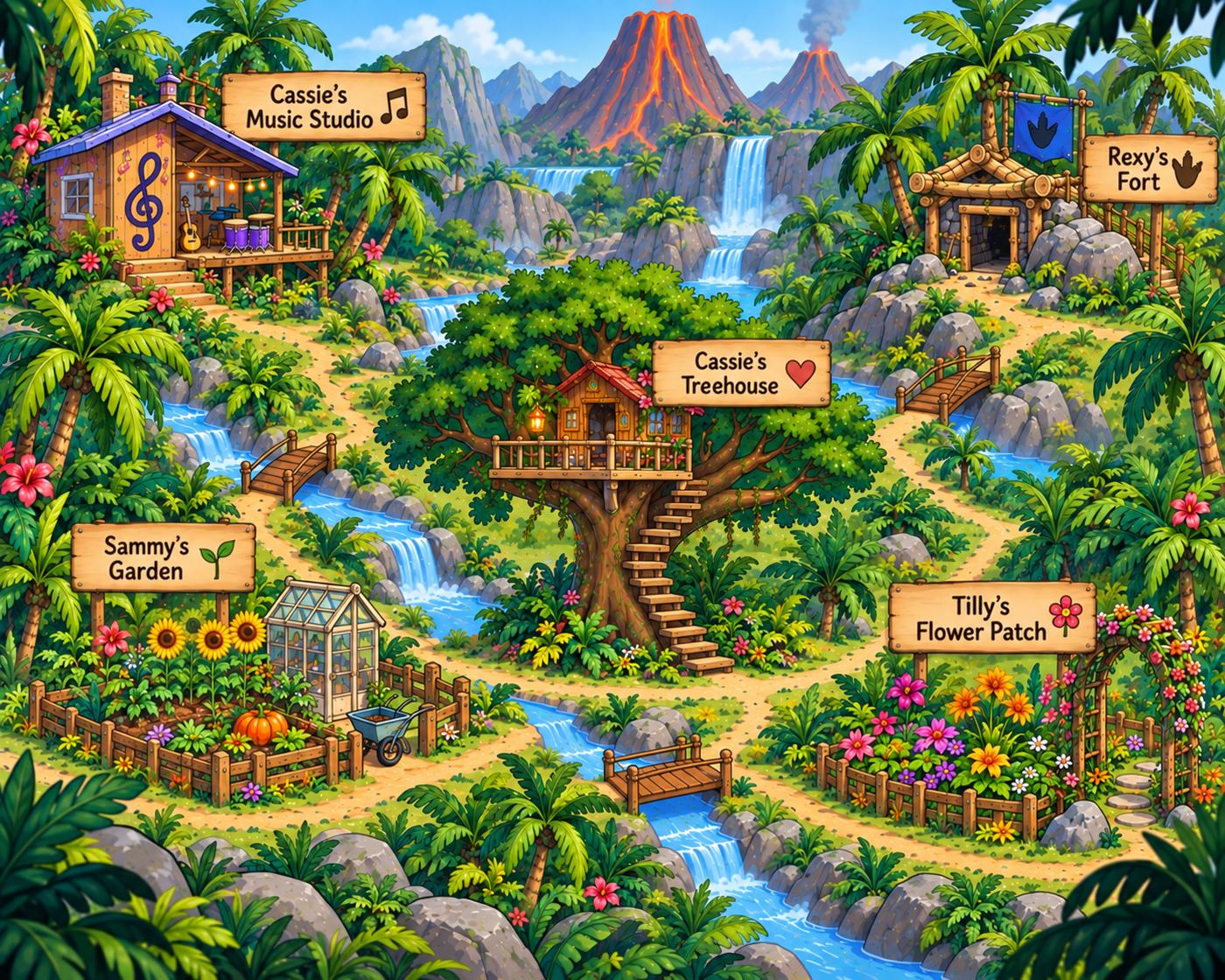 Illustrated map of Dino Valley with clickable places to explore