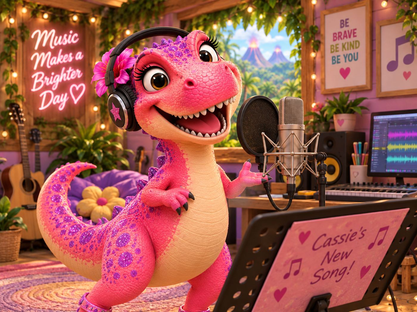 Cassie the pink dinosaur wearing headphones and singing into a microphone in her jungle recording studio.