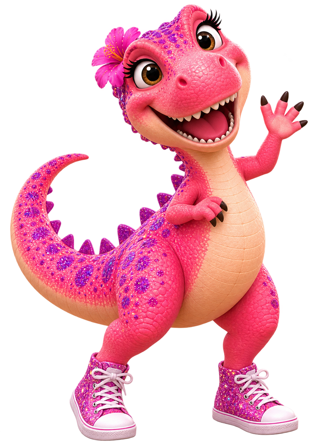 Cassie, the pink T-Rex, waving