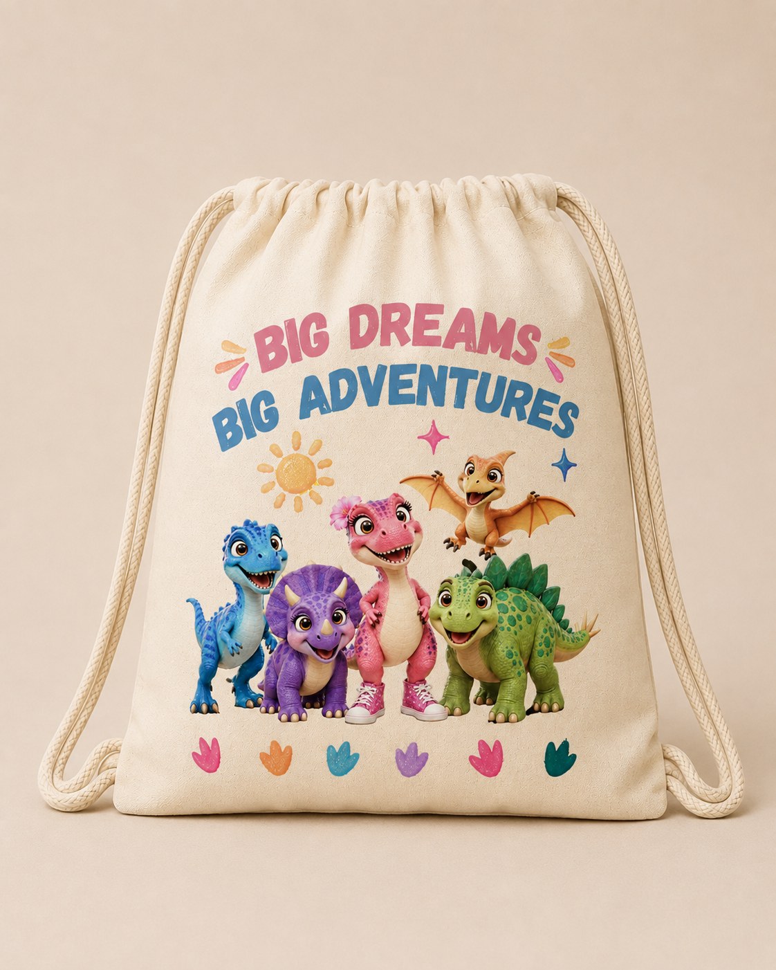 Big Dreams. Big Adventures. drawstring backpack in cream