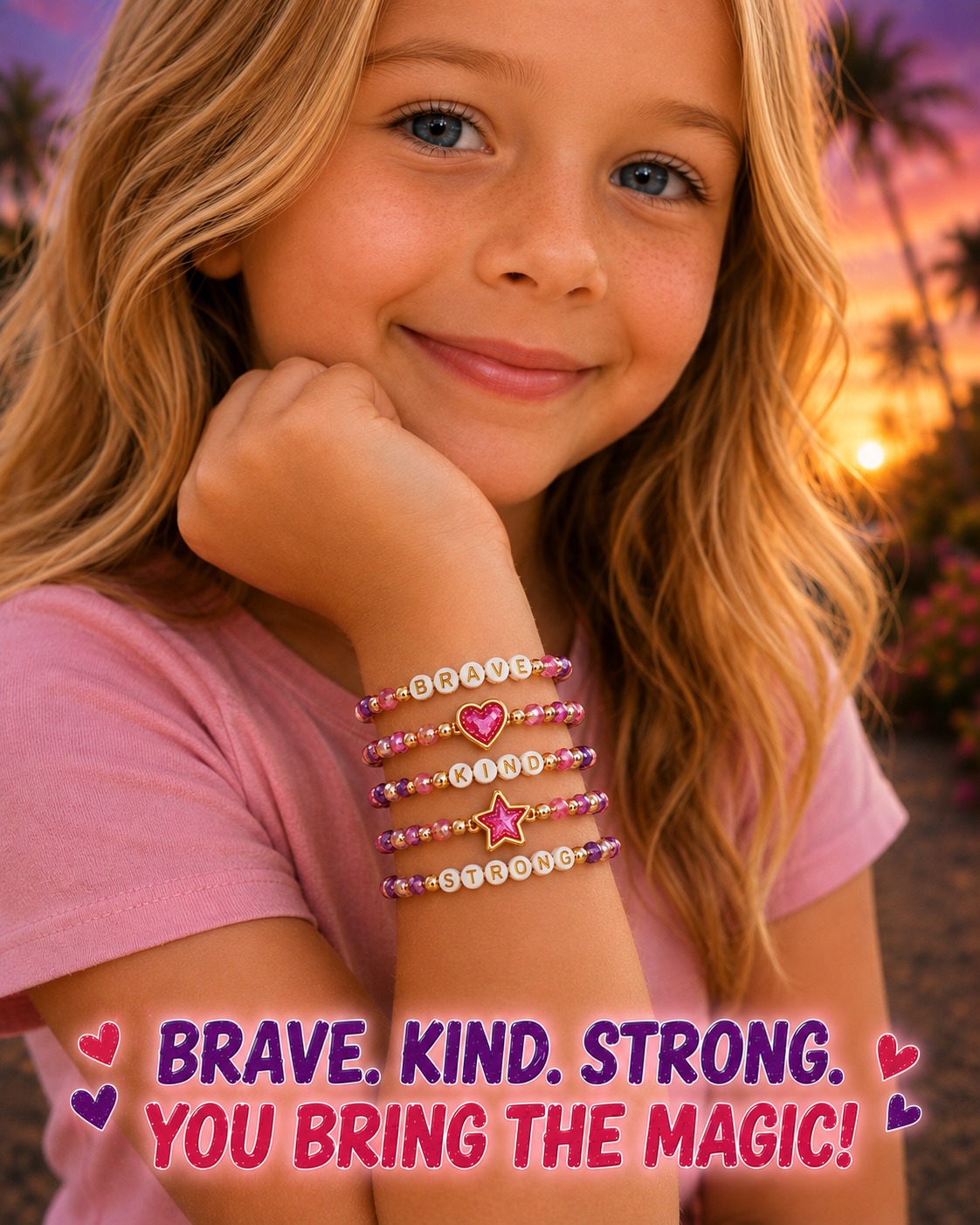 Stacked Brave, Kind, Strong beaded bracelet set