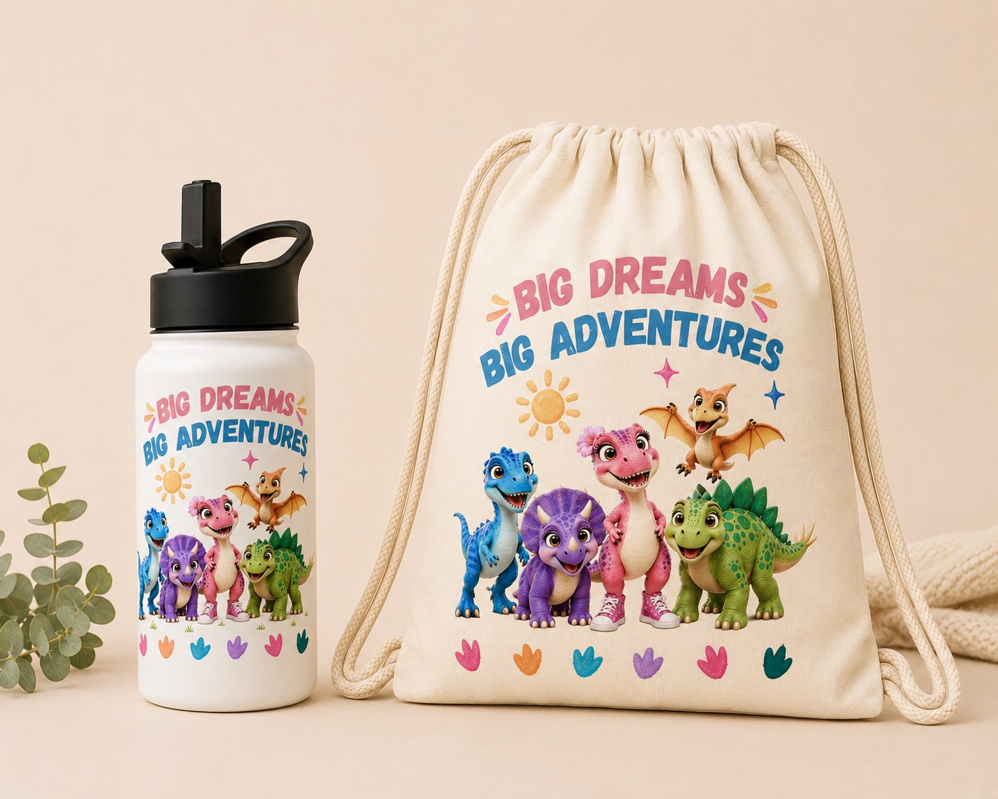 Big Dreams. Big Adventures. drawstring backpack and water bottle bundle