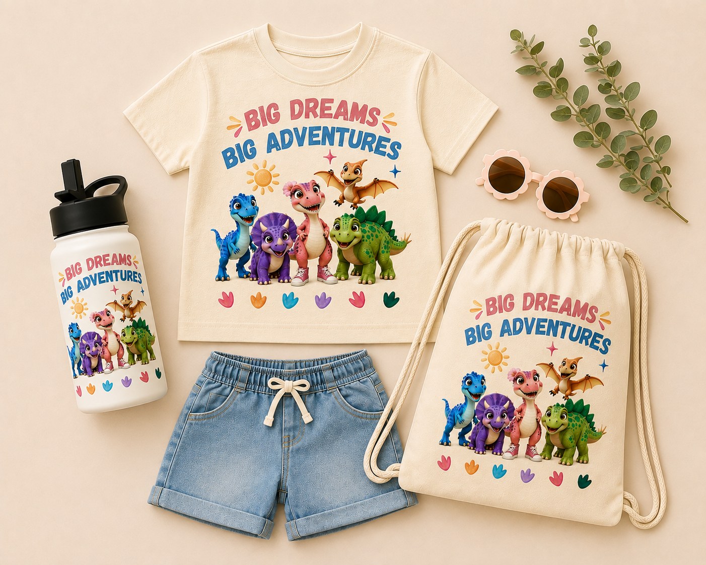 Big Dreams. Big Adventures. t-shirt, drawstring backpack and water bottle bundle