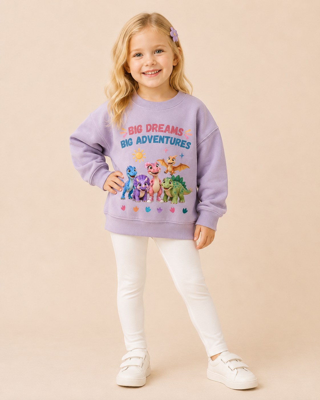 Big Dreams. Big Adventures. kids sweatshirt in lavender, on model