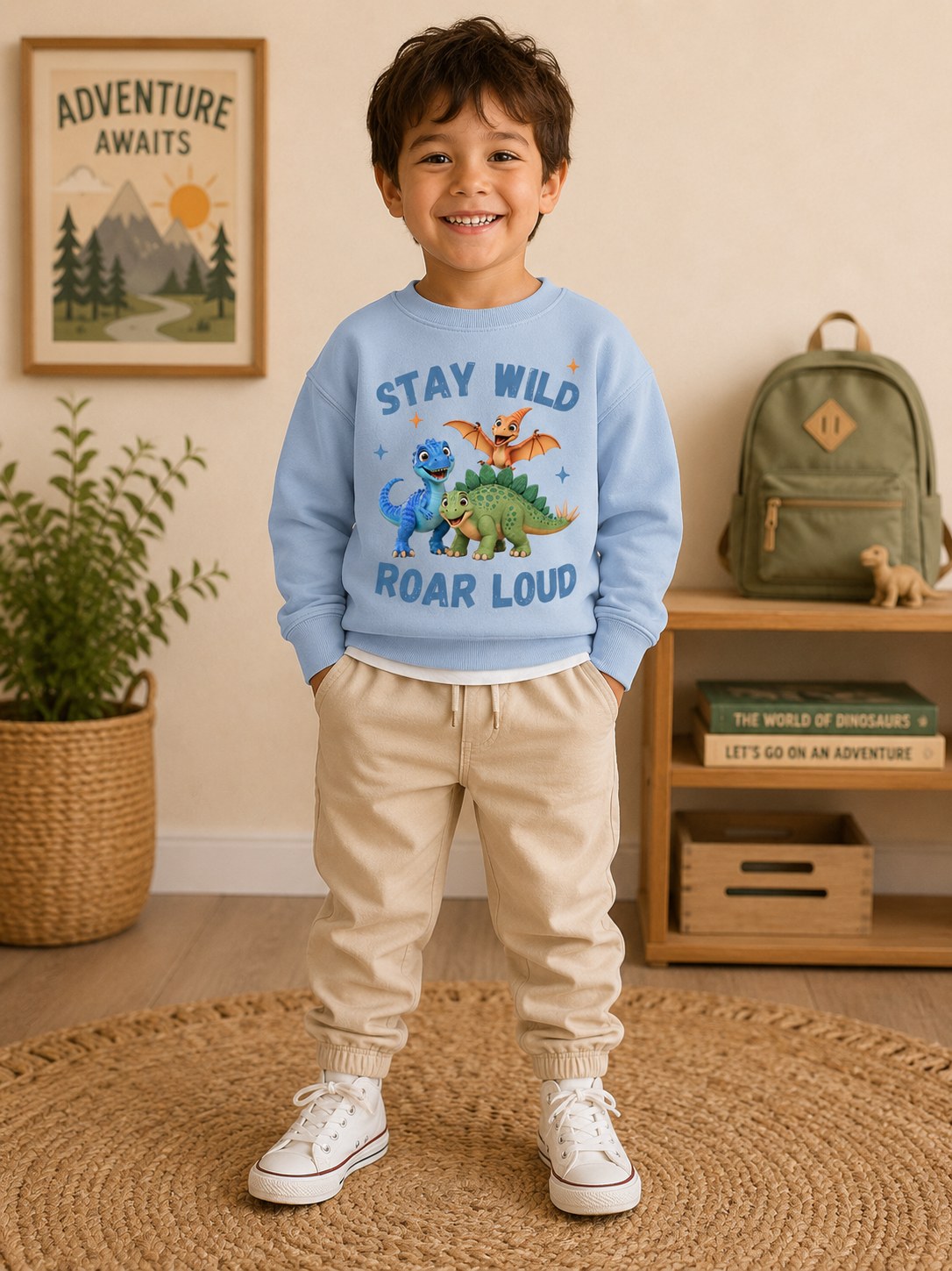 Stay Wild. Roar Loud. kids sweatshirt in blue, on model