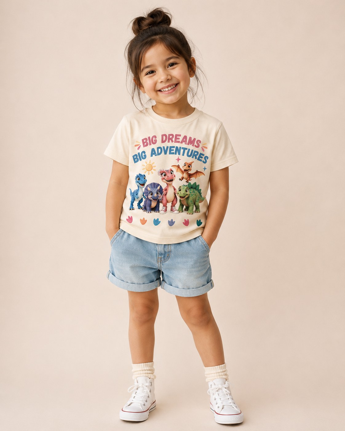 Big Dreams. Big Adventures. kids t-shirt in cream, on model