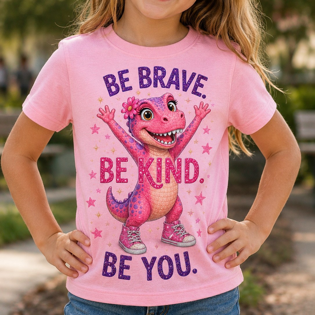 Be Brave. Be Kind. Be You. kids t-shirt in pink, on model