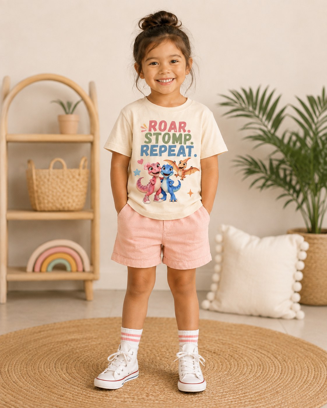 Roar. Stomp. Repeat. kids t-shirt in cream, on model
