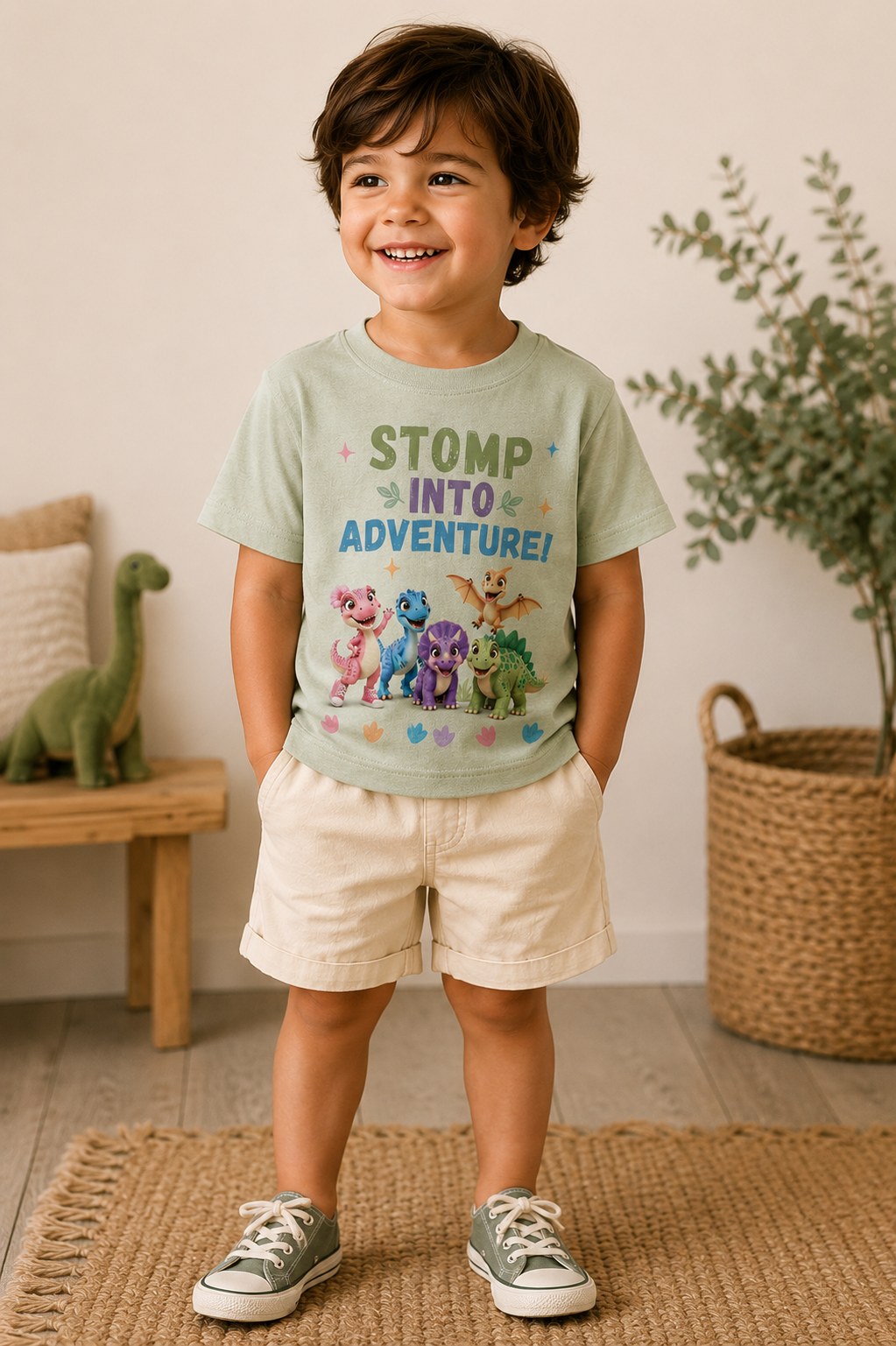 Stomp Into Adventure! kids t-shirt in sage green, on model