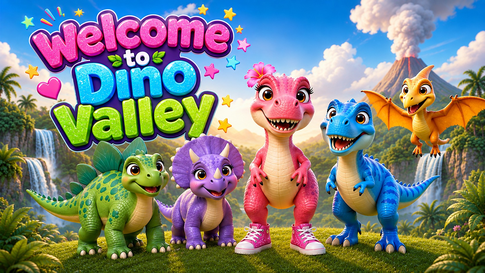 Welcome to Dino Valley — Cassie and her dinosaur friends Tilly, Rexy, Sammy, and Pip.